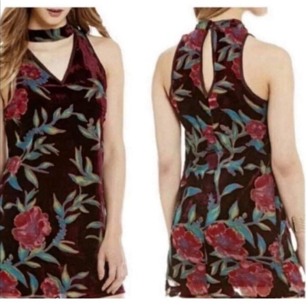Band of Gypsies Small Purple Velvet Floral Burnout Sheath High Neck Keyhole Boho